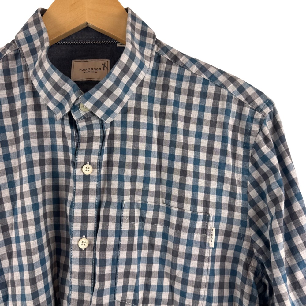 7Diamonds New Order Shirt Mens Medium Blue Grey Gingham Plaid Long Sleeve‎